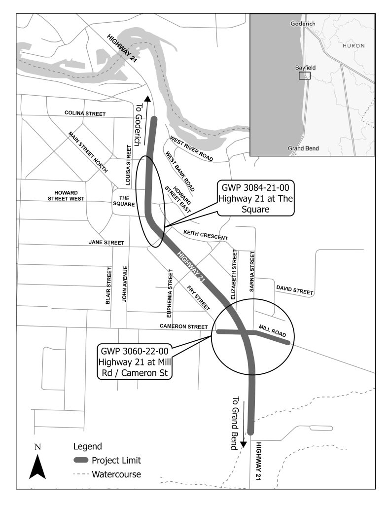A map of the project limits along Highway 21 in Bayfield. The map shows the portion of Highway 21 from north of ‘The Square’ to south of Mill Road and Cameron Street that indicates the project limits. The map highlights the general area where a new pedestrian crossing will be implemented near The Square as part of GWP 3084-21-00. The map also highlights the intersection of Highway 21 and Mill Road / Cameron Street where a new signalized intersection will be implemented as part of GWP 3060-22-00.